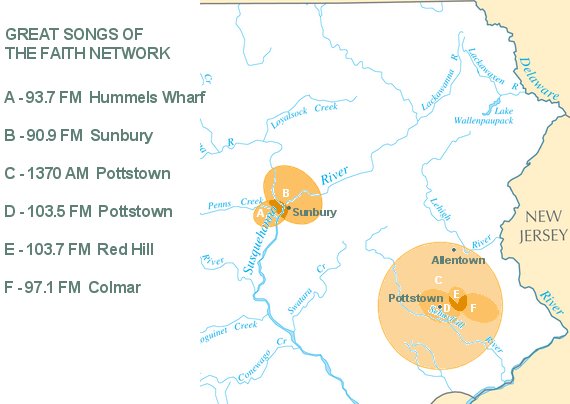 map showing locations and coverage area of radio stations playing Great Songs of the Faith
